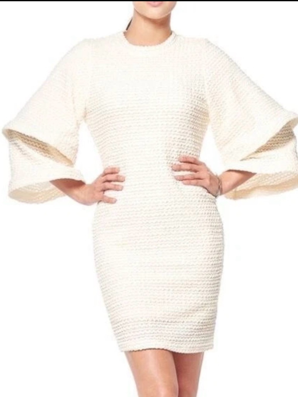 Gracia Ivory Textured Bell Sleeve Shift Dress Size M